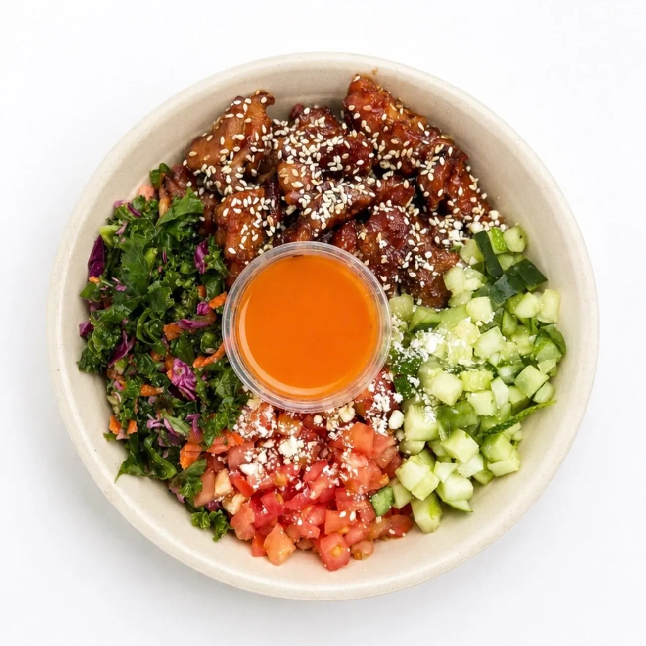 Teriyaki Yummy bowl with teriyaki chicken, kale salad, cucumber and tomato
