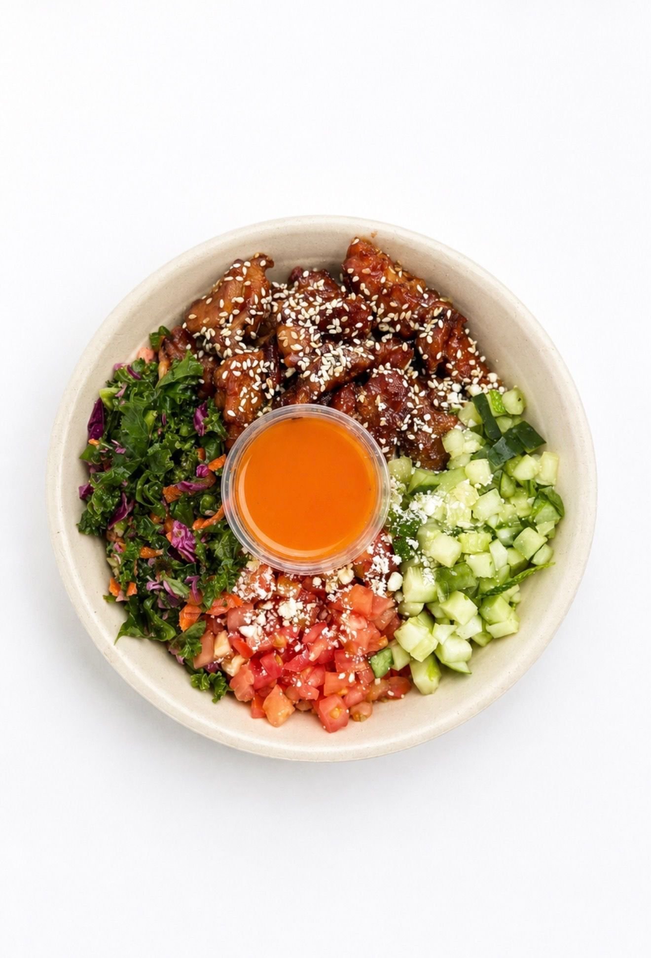 Teriyaki chicken bowl with kale, cucumber, tomato and sweet chilli sauce