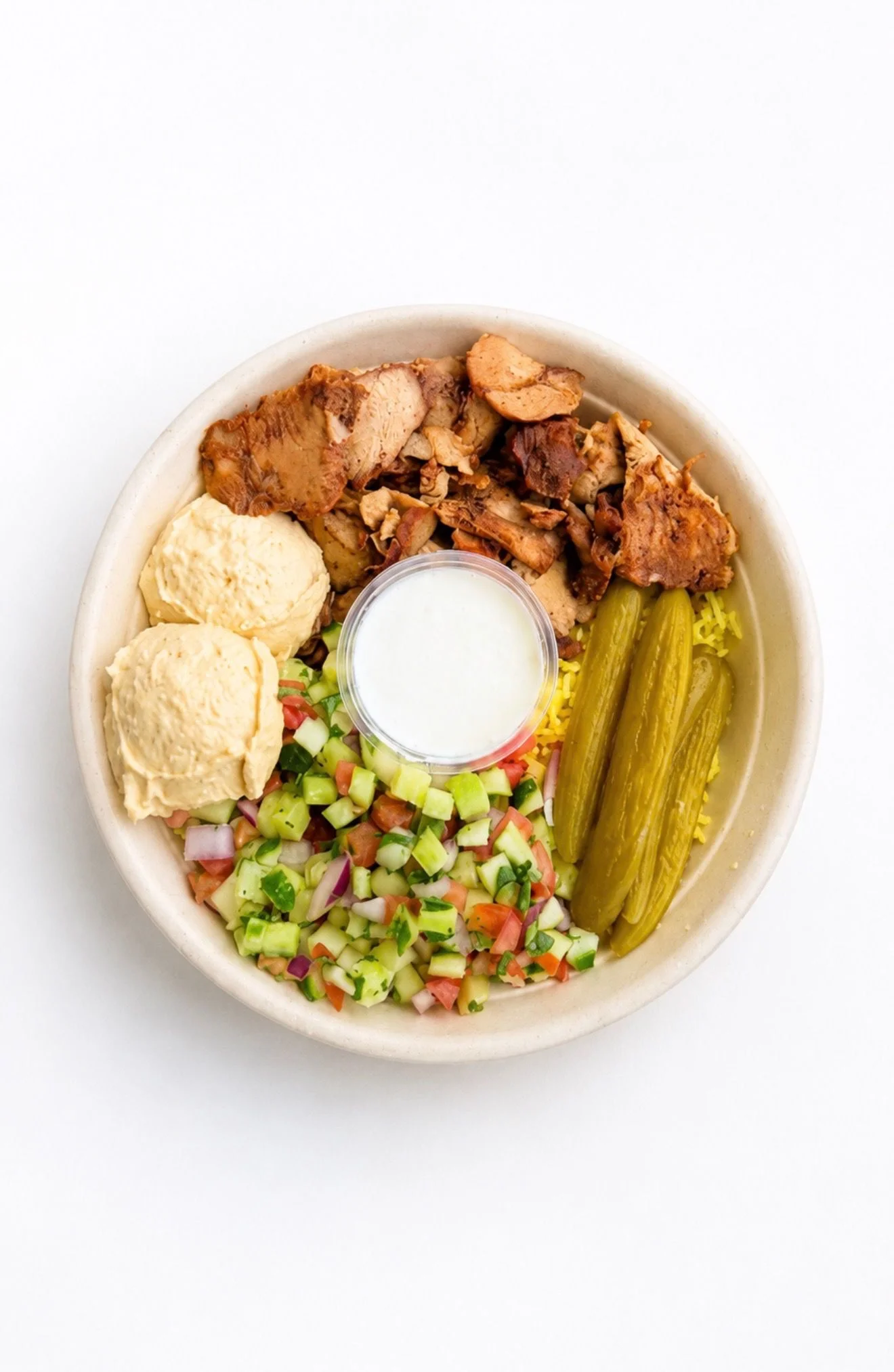 Zytona Classic chicken shawarma bowl with hummus and pickles